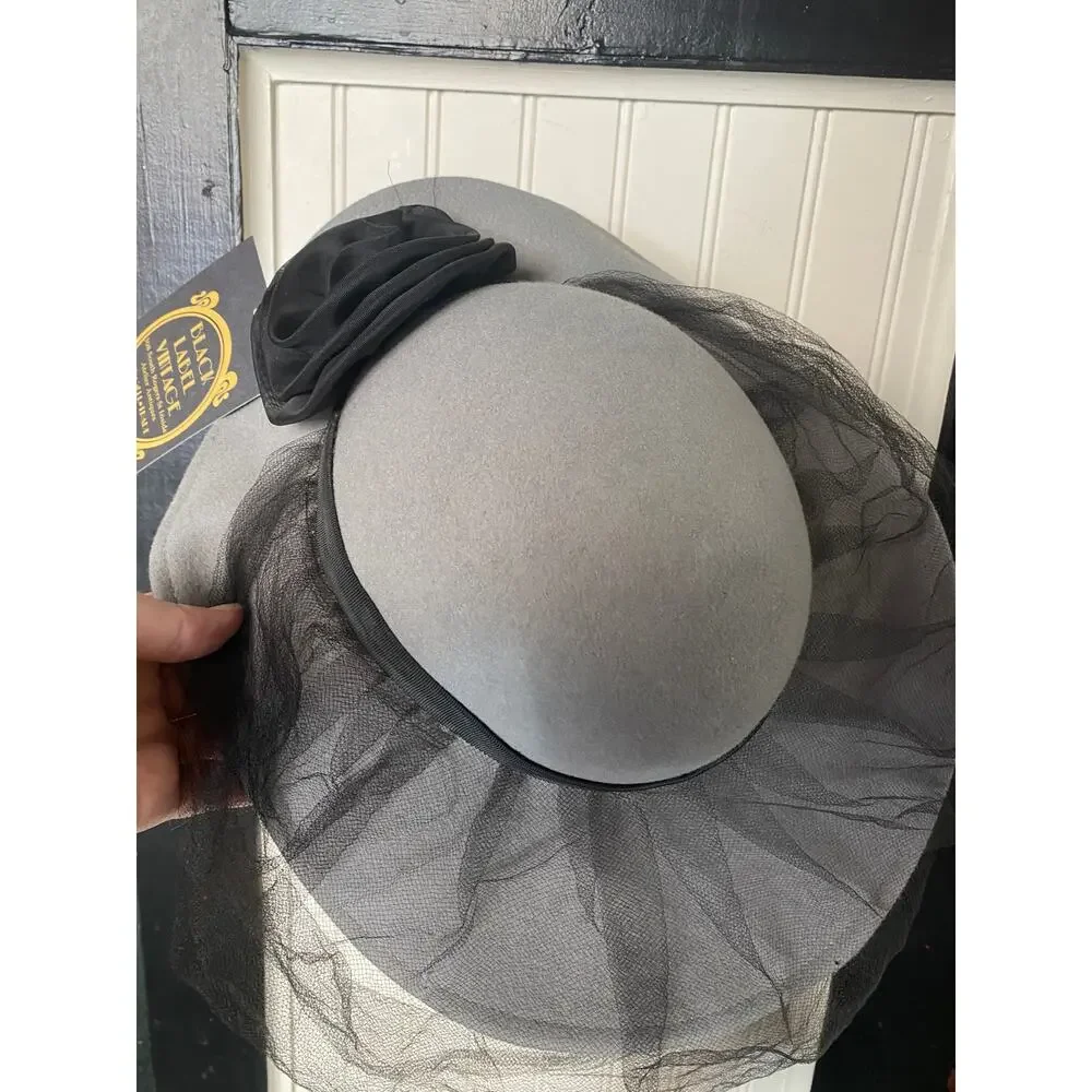 vintage 1980s wide brim hat with veil, gray wool, 80s fashion, avant garde, rose